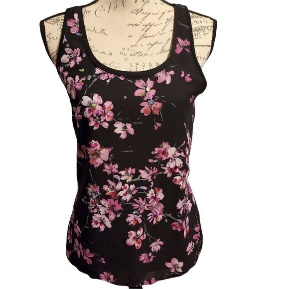 Express Ladies Black & Pink Floral Tank with Sequins & Beading - Size Small - Picture 1 of 3